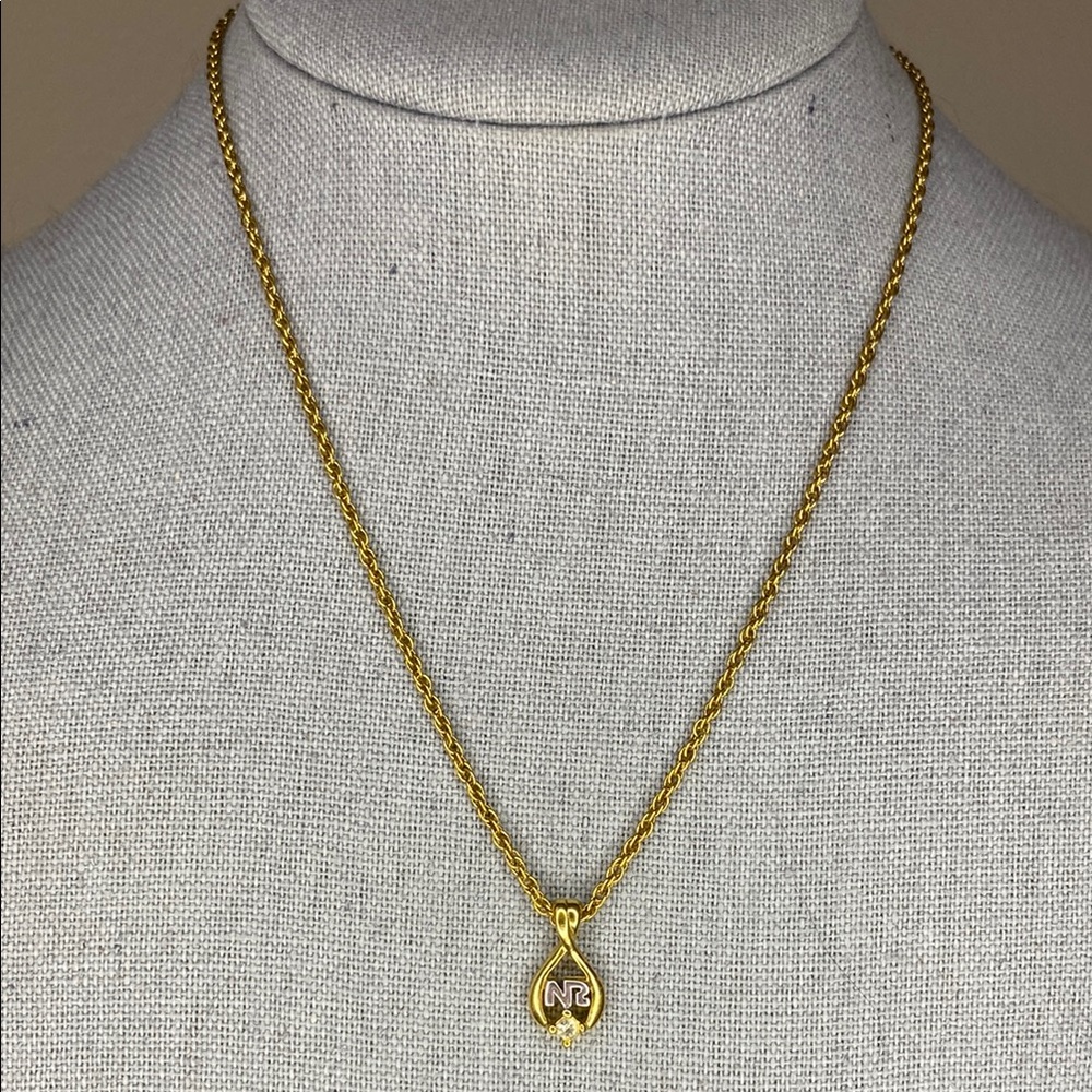 Vintage Nina Ricci Goldtone Metal And Rhinestone Teardrop Logo Pendant Necklace 35$